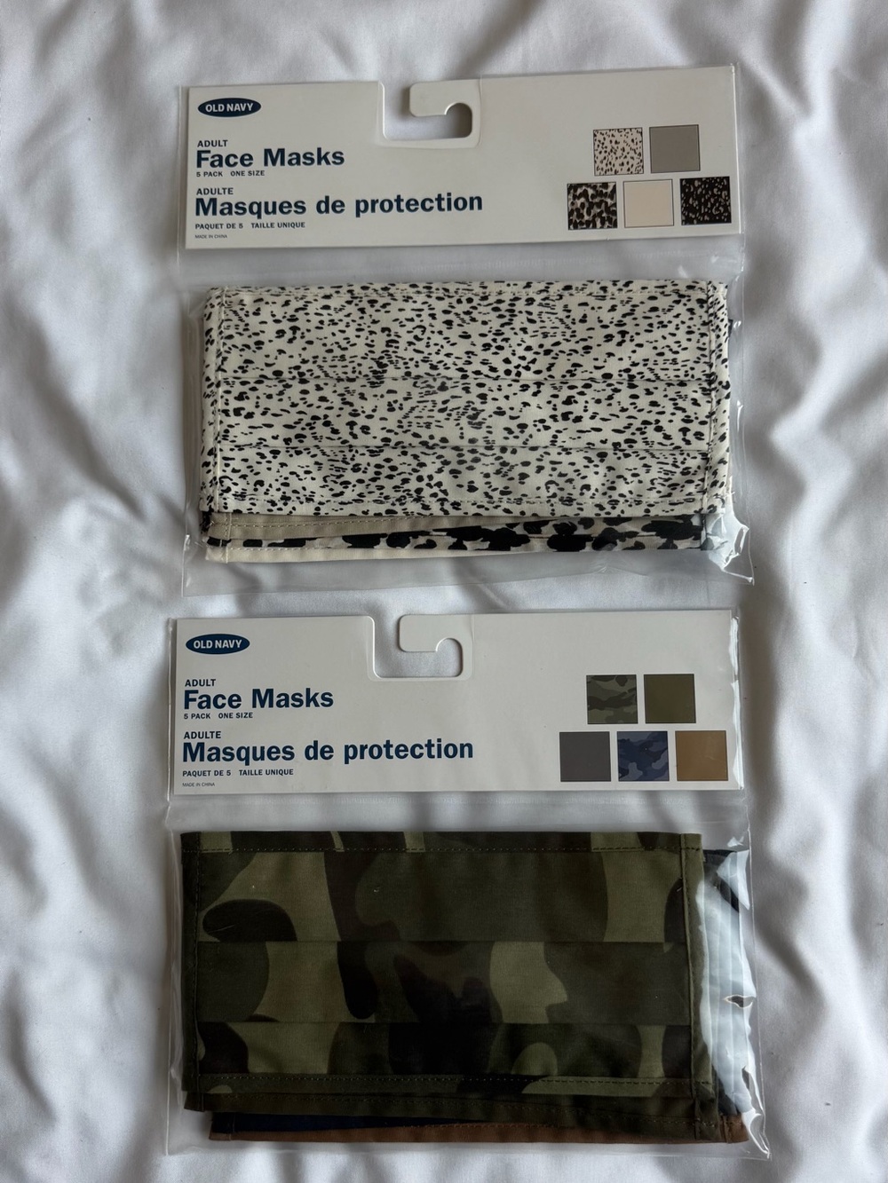 Old Navy Black & White Speckle and Green Camo Adult Face Masks